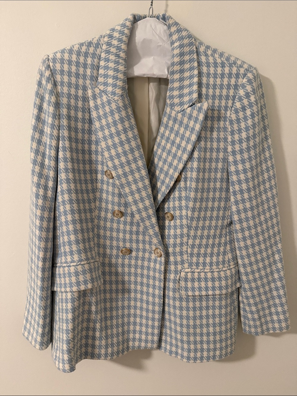Zara Double-Breasted Houndstooth Blazer - Light Blue & Cream